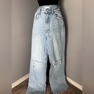 Zara Light Wash Distressed Wide Leg Jeans